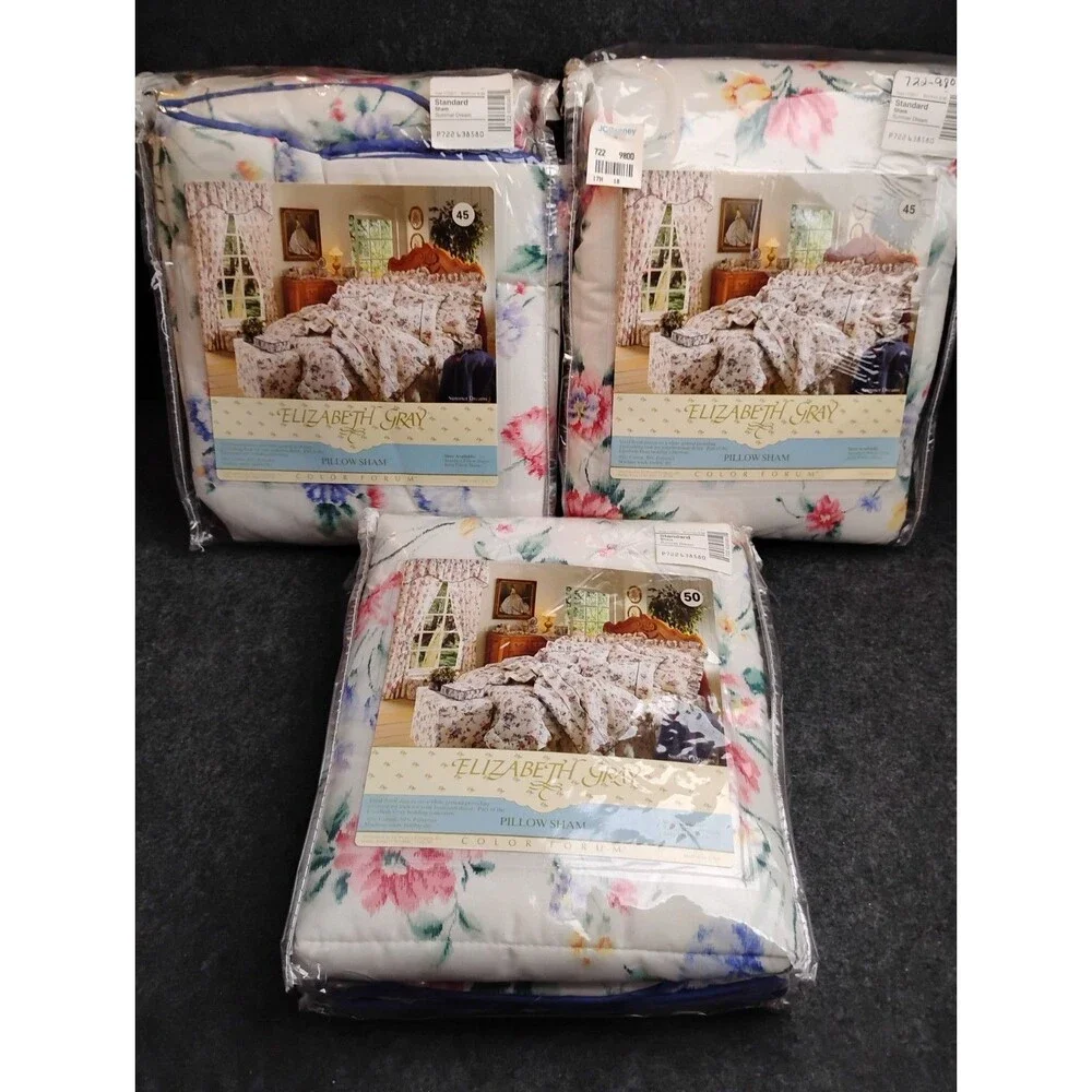 3 Elizabeth Gray Standard Pillow Sham Summer Dream Pattern Floral w Piping Trim